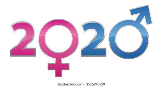 Greeting card concept dealing with the relationship between men and women using the masculine and feminine symbols to replace the zeros of the year 2020