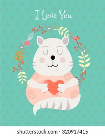 Greeting card concept. I Love You. Vector illustration in romantic style with cute cat with heart.