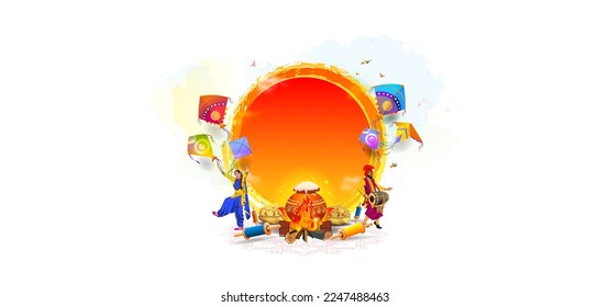 Greeting card concept of Makar Sankranti holiday. Background of Kite festival, sky and Kite flying.