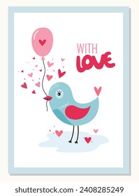 El concepto de la tarjeta de felicitación en un estilo retro sencillo. Tarjeta de saludo de San Valentín con corazones y pájaro lindo. Ilustración vectorial.
