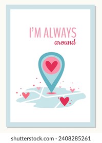 Greeting card concept in simple retro style. Valentine's day greeting card with heart and location pin. Vector illustration.