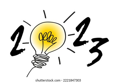 Greeting card concept for the year 2023 with a drawn light bulb symbolizing an idea or solution to a problem, following a brainstorming.