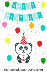 Greeting card with confetti, flags and baloons. Vector illustration. Baby boy arrival announcement, shower card. Panda cartoon bear cub. Happy birthday card with panda boy in hat and red tie.
