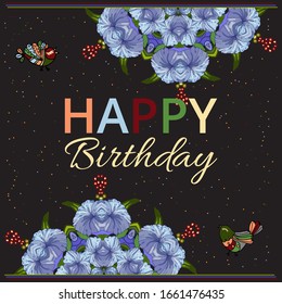  Grußkarte. Herzlichen Glückwunsch oder Einladung. . Mit farbenfrohen Doodles der Blume Campanula, Äste und Vögel dekoriert. Elegantes Design