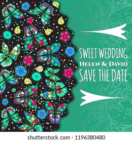  greeting card. Congratulation or invitation. Save the date.  Decorated with multicolored doodles of flowers, butterflies, Patterns and mandala
