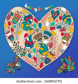 Greeting card. Congratulation or invitation. Save the date. Decorated with multicolored doodles of flowers and funny cute birds