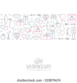 Greeting card with congratulations on St. Valentine's day and festive items.