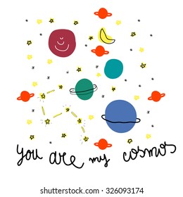 Greeting card with constellations and planets on white background. Vector image.