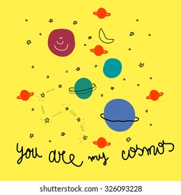 Greeting card with constellations and planets on yellow background. Vector image.