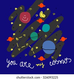 Greeting card with constellations and planets. Vector image.