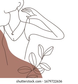 Greeting card. Continuous line, lineart. Beautiful female silhouette with neck pendant, leaves, abstract background
