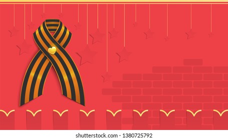 Greeting card with copy space for the 9th May of victory day in the second world war. There are St. George ribbon on the stylized Kremlin wall background.