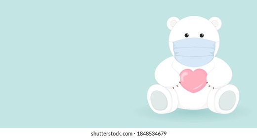 Greeting card with copy space. Polar bear in mask hold heart. Vector illustration.