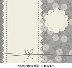 Greeting card with copy space, stylish flowers, leaves and bows. Stylish retro frame can be used for greeting card, invitation, baby shower card, wedding invitation and more designs.