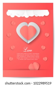 Greeting card with copy space for Valentine's day. Vector Design in concept of paper craft.  Heart on pink background.