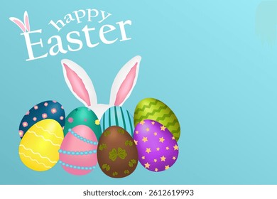 Greeting card with copyspace, 3D elements - ornate Easter eggs and Easter bunny ears on a blue background. Text - Happy Easter. Perfect for holiday banner and greeting.