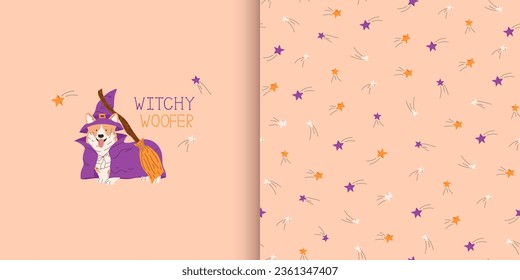 Tarjeta de saludo con corgi en traje de bruja de Halloween. Patrón sin fisuras de Halloween con estrellas. Truco o trato. Feliz ilustración vectorial de Halloween en un estilo plano. Ideal para tarjetas de vacaciones, decoraciones