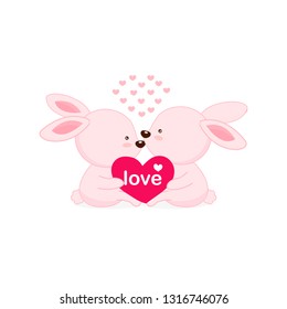 Greeting card with couple bunny and Big pink hearts.
