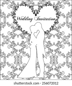 Greeting card with couple in love, linear vector illustration