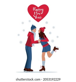 A greeting card with a couple of lovers skating. Congratulations on the New year. Vector.