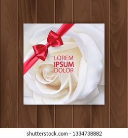 Greeting card cover with a beautiful white rose decorated with a red bow. Postcard on a wooden substrate, vector EPS 10 illustration