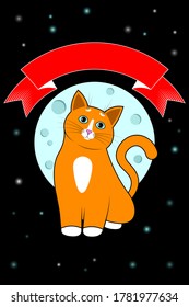 Greeting card, cover, print. Cute cartoon cat, kitty with festive ribbon and moon with stars. Vector. Cat with a funny muzzle, happy face, blue eyes, long mustache, sharp ears. Vector High Quality