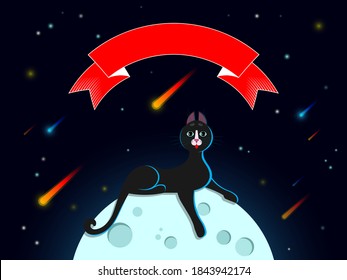 Greeting card, cover, print. A cute cartoon cat, kitty lies, hanging its paw, on a solemn, festive ribbon with moon, stars and meteorites. Cat with big blue eyes, long mustache and sharp ears. Vector