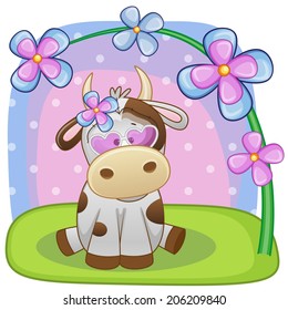 Greeting card Cow with flowers 