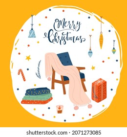 Greeting card of cozy Christmas decorations with text. Postcard with bauble, text, wreath, gifts, floral  knitted woolen clothes. Kids illustration. Scrapbook trendy collection