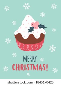 greeting card, creative poster for winter holidays with christmas pudding, vector cartoon illustration, xmas design