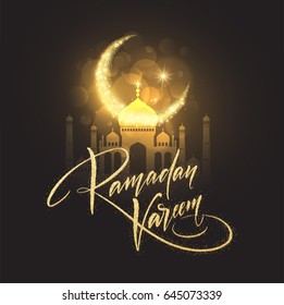 Greeting card with Creative Text Ramadan Kareem made by golden glitter. Vector illustration EPS10