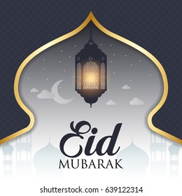 Greeting card with crescent in mosque window and arabic ornament