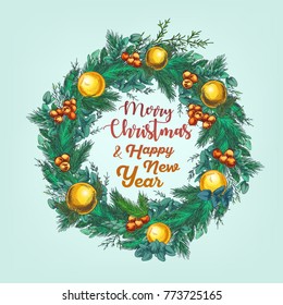 Greeting card with cristmas wreath. Vector colourful garland. Xmas sketch uses for a decoration of sale promotion, flyer, banner or poster.