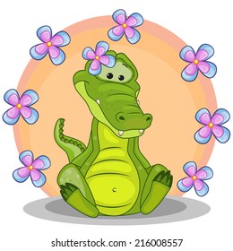 Greeting card Crocodile with flowers 