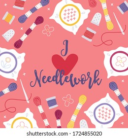 Greeting card with cross stitch, threads, thimble, hoop, embroidery, needles isolated on pink background. Vector frame. Needlework concept in cartoon style. 