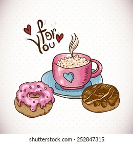 Greeting Card with a cup of coffee and donuts, vector illustration