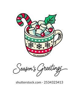 greeting card with a cup of marshmallows and hot chocolate and handwritten inscription Season of greetings. flat vector illustration