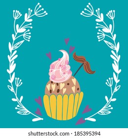 Greeting card with cupcake and wreath.