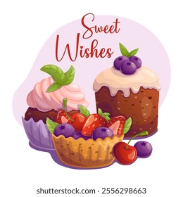 Greeting card with cupcakes. Sweet wishes. Place for text. Vector illustration.