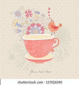 Greeting card with a cup,flowers and a bird