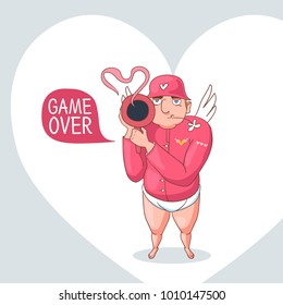 Greeting card with cupid for Happy Valentines day. Funny characters with different emotions.