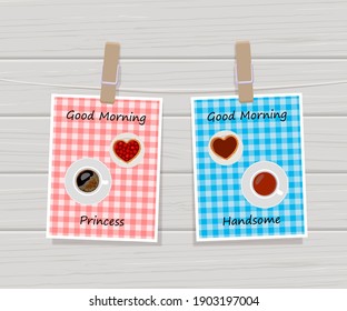 Tarjeta de saludo con tazas de té, café y galletas con forma de corazón. Día de San Valentín. Caricatura de estilo plano. Ilustración del vector
