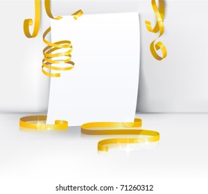 greeting card with curly ribbon: blank paper with golden transparent ribbon against white wall background. eps10 vector template
