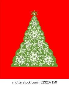 Greeting card with cut out paper decorative snowflakes xmas tree.Template for Christmas cards