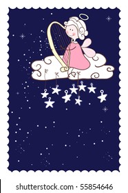 greeting card with cute angel playing harp