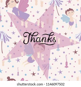 Greeting card with cute angles saying thanks. Hand lettering and hand drawn characters. Vector design. Cute illustration for kids. 