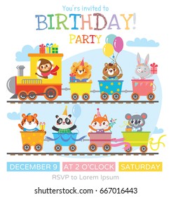 Greeting card with cute animal on train. Birthday party. Vector illustration