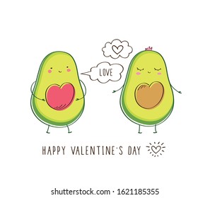 Greeting card with cute avocados, hearts and bubbles. Hand drawn elements for Valentine's Day, birthday, Mother's Day, wedding. Vector.