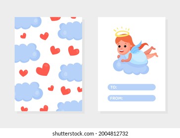 Greeting Card with Cute Baby Angel with Nimbus and Wing Vector Template