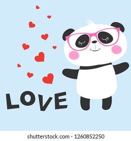 Greeting card Cute baby bear panda with glasses and an inscription love isolated in blue background. Graphics for t-shirts. Vector illustration.